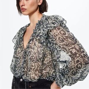 Mango grey floral blouse sheer blouse with Tie at neck. Size 4/s BNWT